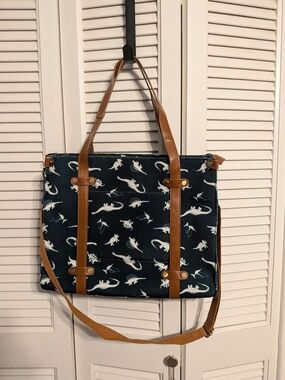 ModCloth Navy Tote with White Dinosaur Print and Brown Trim